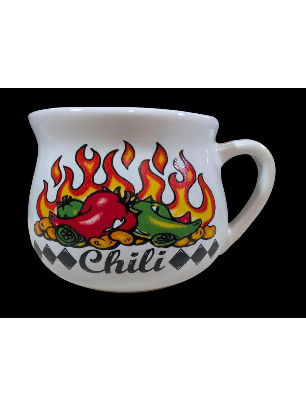 Houston Harvest Large CHILI 16 oz Soup Handled Crock Flames Chili Peppers
